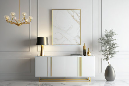 White sideboard with gold lamp on light gray wall and marble floor in luxury modern room dÃ©corの素材