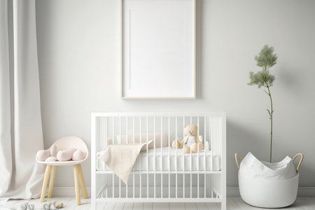 White mock-up poster over crib in a pale baby roomの素材