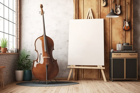Wooden musical mockup poster stand and contrabass in retro interior.の素材