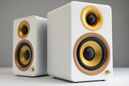 Golden drivers on white stereo speakers displayed on a shelfの素材