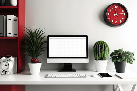 Red home office workspace with office supplies. Workstationの素材