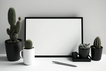 Empty desk mockup, cactuses, black note on wall, and supply can. Homeschooling or cool home officeの素材