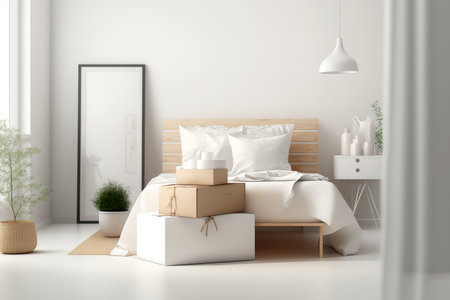 Wooden table, desk or shelf with stack of cardboard boxes over blurred view of contemporary white bedroom, with soft bed, modern interior design, moving house concept with copy space, illustrationの素材