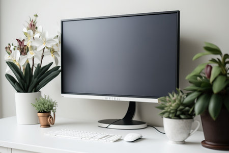 Modern office desk with PC monitor near light wallの素材