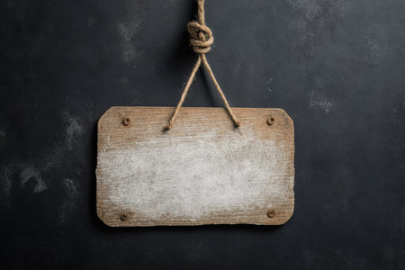 Rustic signboard on grey background. Empty rectangular wood sign on concrete wall. Copiesの素材