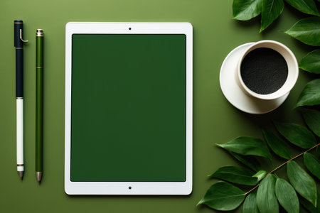 working from home with a tablet. styled in minimalism, top view. a background of greenの素材