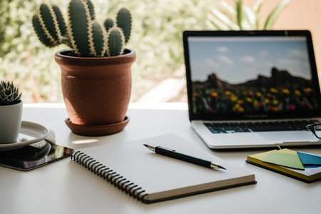 using a laptop and phone at a desk. handwrite notesの素材