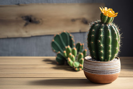A cactus on a wooden table. Copy room, straightforward designの素材
