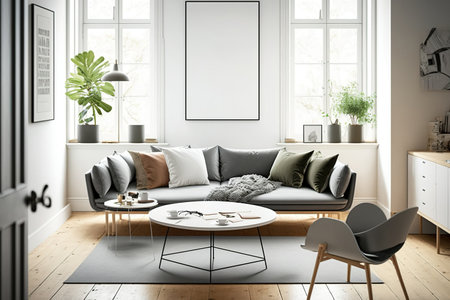 A cozy couch, wood floors, and a circular middle table with a birds eye top view are all features of a Danish design interior. The best location for art and print mockups is an empty, isolated frame oの素材