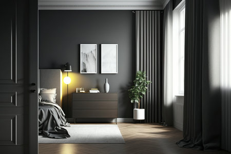 A dark modern bedroom with a horizontal poster above a sideboard near the door, silk curtains near the window, a dark wooden cabinet, gray sheets on the bed, gray carpet on the wooden floorの素材