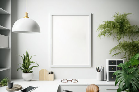 A mock up poster with a white round frame is hanging on the white wall. a headの素材