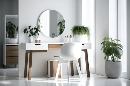 A modern wood table is in the background of a blurred interior luxury modern bathroom for the purpose of a show, advertisement, or design product on display conceptの素材