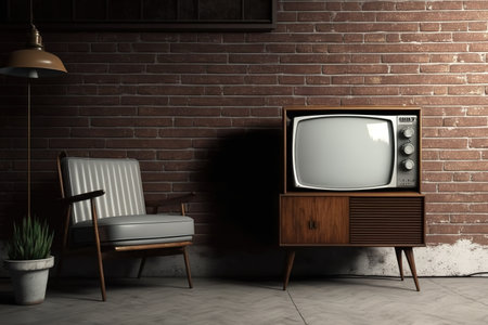 A television, a brick wall, a wooden chair, and the idea of interior designの素材