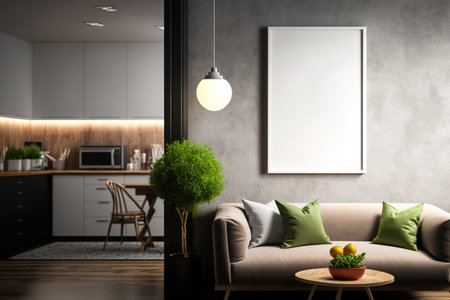 A mock up poster frame is mounted on the wall of the living room, kitchen, and dining area. Contemporary interior design, magnificent flat against a modern backdropの素材