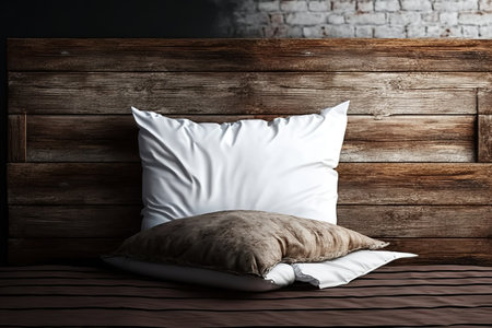 A rustic brown wooden backdrop is topped with a white full queen pillowの素材