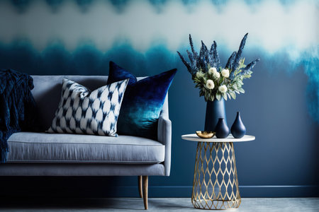 A modern living room design features a contemporary openwork metal side table with vase next to a dark sofa with a blanket and a pillow against a blue and white ombre wall. Actual imageの素材