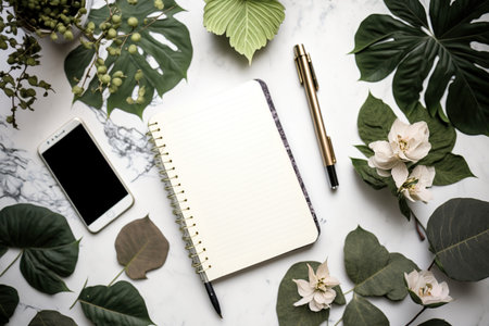 A desk with an open notebook, a leafy branch, a pen, and a phoneの素材