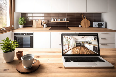 An interior design project, a contemporary white and wooden kitchen with parquet, etc. are presented on a screen and in a camera on a wooden work surface in this desktop concept for an architect, photの素材
