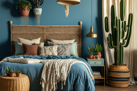 A traditional bedroom in a home features ethnic design, lamps over bedside tables, a comfy bamboo bed with wicker headrests, a carpet or rug, and an exotic cactus plant in a basket close to a blue copの素材