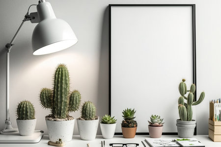 Above a poster frame is a workstation with a lamp, a cactus, and suppliesの素材