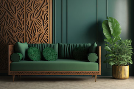 An example of a room with a wooden sofa covered in green fabricの素材
