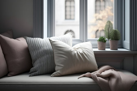 a comfortable sofa with pillows by the window. inside decoratingの素材
