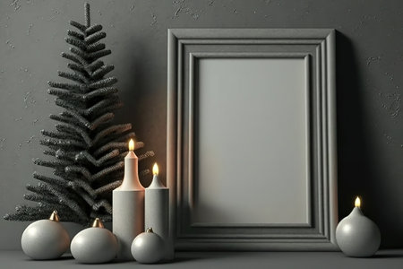 A grey paper Christmas tree, Christmas decorations in style, Christmas toys, and candles in a candlestick are displayed in an empty frame on a concrete fireplace. mock-up of a Christmas frameの素材