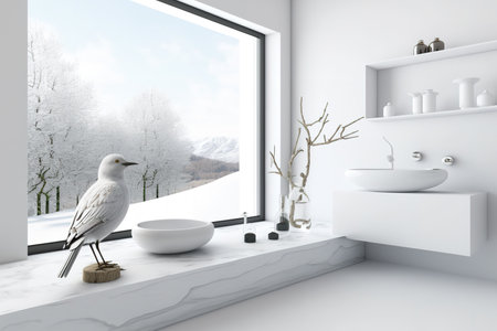 a modern bathroom with a panoramic window and a white tabletop or shelf with a minimalist bird decoration, modern interior designの素材