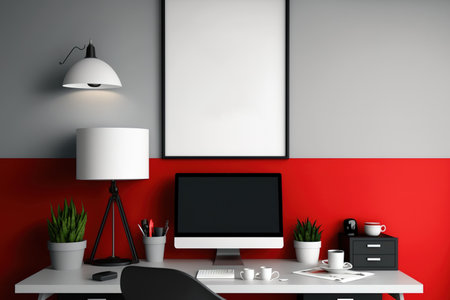 a contemporary workplace environment adjacent to a bright wall with blank postersの素材