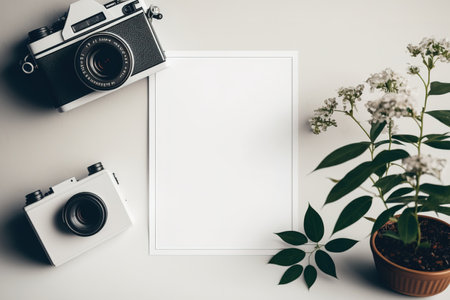 a mockup of white blank paper with a picture of a flower in a pot and an old camera as the backdropの素材