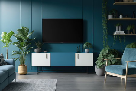 a contemporary living area with blue walls and a cabinet mounted TV,の素材