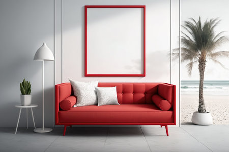a space with a white wall and a red sofa. seaside style. Interior and frame mockups Square frame on the wallの素材