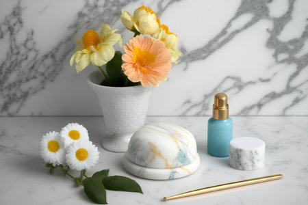 a flower and toilet equipment against a marble backgroundの素材