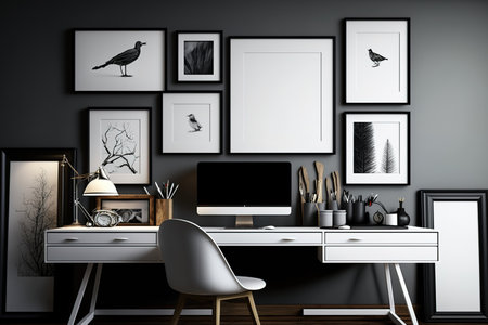 a desk-mounted art display with unfilled framesの素材