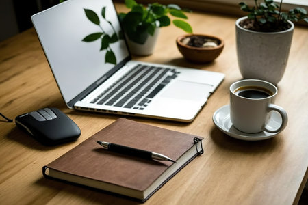 a wooden desk with tools for the office. On a wooden table are a modern laptop, a smartphone, a cup of coffee, and a notepad with blank pages. Workspace at home. business or educational notion Devicesの素材