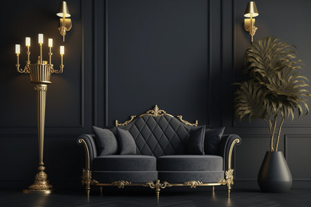 a space with dark walls and floors and golden metallic style furniture and decor. Backgrounds for presentations, posters, and photo frames should be darkの素材