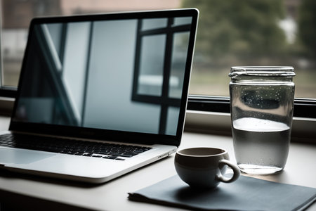 a laptop with a gray screen and a translucent mug of water on a window backgroundの素材