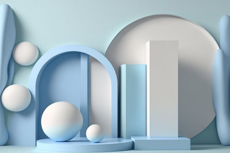 abstract background and podium in a simple setting. scene in pastel blue and white. Fashionable for social media banners, advertising, and cosmetic product displays. inner geometrical shapesの素材