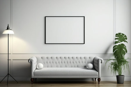 a sofa, a plant, and a lamp The flooring is parquet. An empty picture frame hangs on the wallの素材