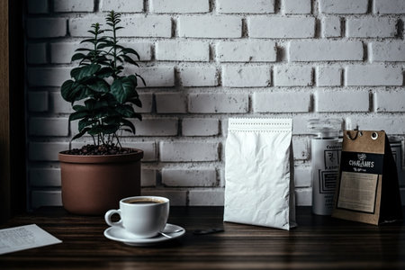 a white brick wall serves as the backdrop for a cup of coffee. On a bar counter, a cup of coffee and an old bag of coffee beansの素材