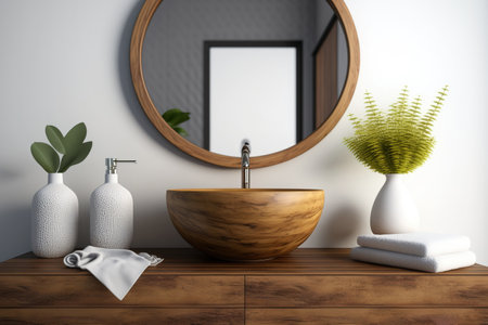 towel, round mirror, and bathroom sink. Wood is decorative. Contemporary luxury interior design. mockupの素材