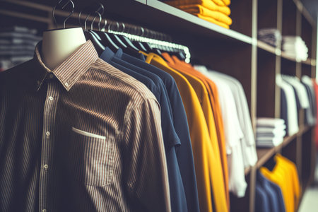 Interior of a clothing store. store shelf Standard shirts View from the mall hall. wallpaper from a supermarket. Copyspace. Horizontal. informal lifestyle industryの素材