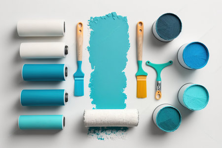Isolated paint rollers. Top-down flatlay. Building, fixingの素材