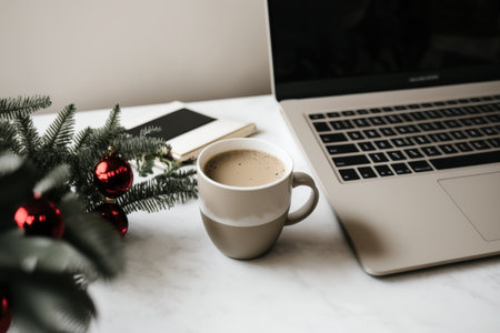 Coffee cup and laptop are on a table close to a beige wallの素材