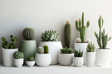 a variety of succulent and cactus plants in white pots. Scandinavian-inspired interior design. Copy space, beige background, mockup. a bright tropical backgroundの素材