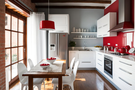 Cordoba, Argentina, kitchen with white furniture and red artifacts for architecture and decorationの素材