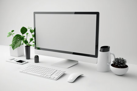 Wireless Mouse, Keyboard, and Computer Monitor Floating on White Studio Background. Online social media marketing, a working environment, and a business concept. White Screen Mockup on a Desktopの素材