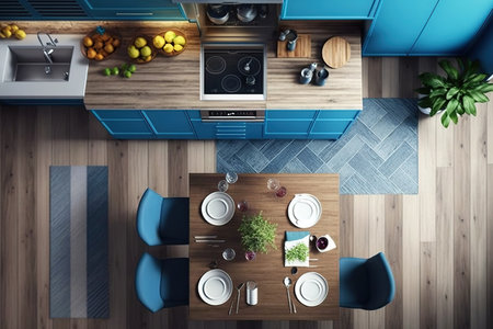 Modern kitchen with wooden elements and parquet flooring, minimalist gray and blue interior, top viewの素材