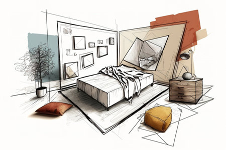 Concept for an interior architect a hand drawn draft of an incomplete project that is realized, a bedroom with a bed covered in cushions and blankets, parquet, a sofa, a mirror with a pouf, and carpeの素材