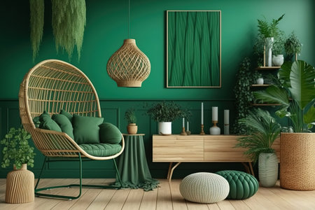 Contemporary green-toned wooden living room, lounge, waiting room with rattan chair and booth. Parquet floor, straw-ear vase, and decor. Frame mockup, interior design, illustrationの素材